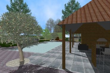 3D-tuinontwerp van een landelijke pastorietuin met zwembad en poolhouse - Heusden-Zolder