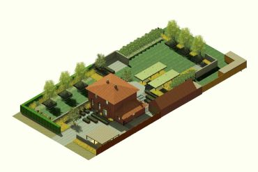 Perspectieftekening 3D van strak vormgegeven tuin bij statige oud-ingenieurswoning - Lommel