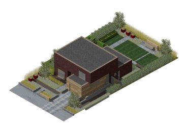 3D voorstelling van een strak, modern en onderhoudsvriendelijk tuinontwerp met een hoogwaardige materiaalkeuze - Lommel