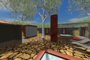 3D Impressietekening van wellnestuin bij statige villa in bosrijke omgeving met een combinatie van moderne en natuurlijk karakteristieke materialen - Bergeijk