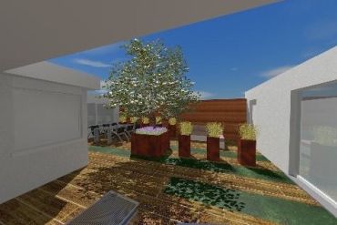 : 3D Impressietekening van modern tuinontwerp met high-end afwerking bij laagbouw bungalow - Oisterwijk