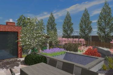 3D-tuinontwerp : mediterraans geïnspireerde tuin met verhoogde vijver, stucwerk muurtjes, natuursteenmaterialen en weelderige beplanting - Lommel