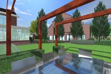 Tuinontwerp - 3D-tekening van een authentieke tuin met moderne twist bij privéwoning en kantoor-/appartementsgebouw. Combinatie van strakke belijning met organische vormen. Gebakken klinkers, natuursteen tegels, cortenstaal... - Hechtel-Eksel